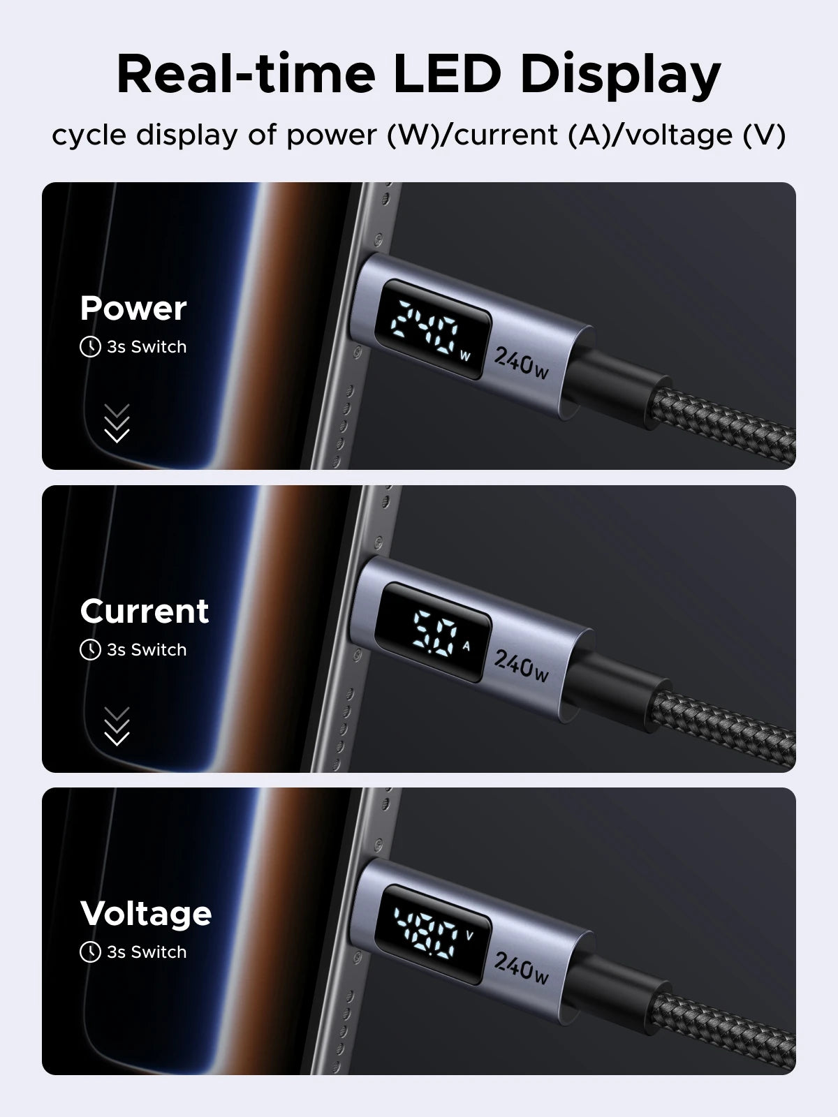 كابل UGREEN USB-C 240W بشاشة رقمية – شحن سريع